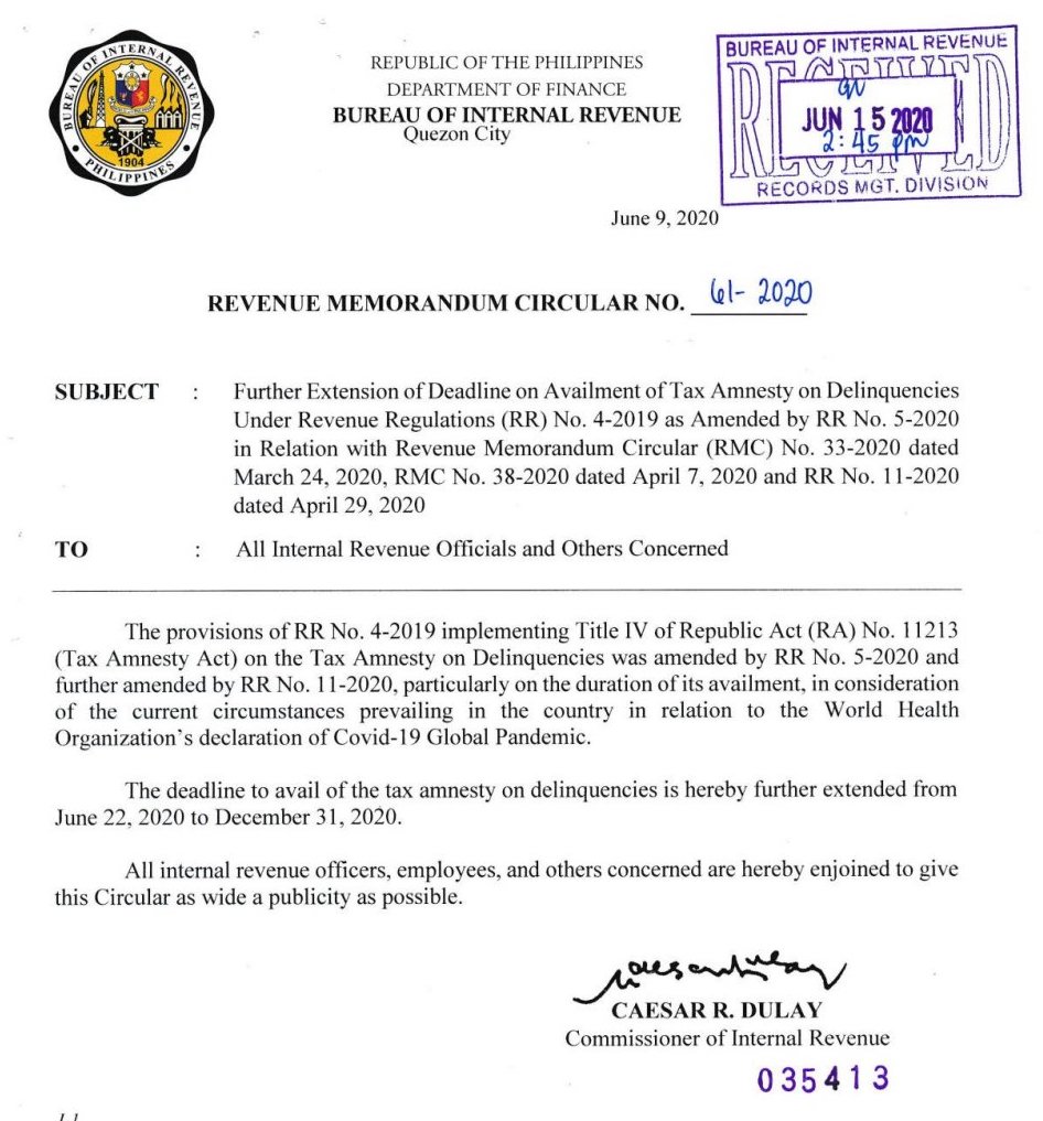 BIR Revenue Memorandum Circular No. 61-2020