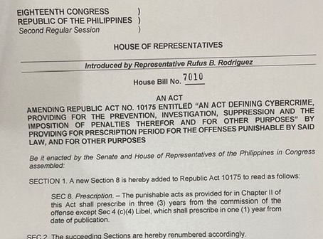 House Bill No. 7010, providing for a one-year prescriptive period for online libel