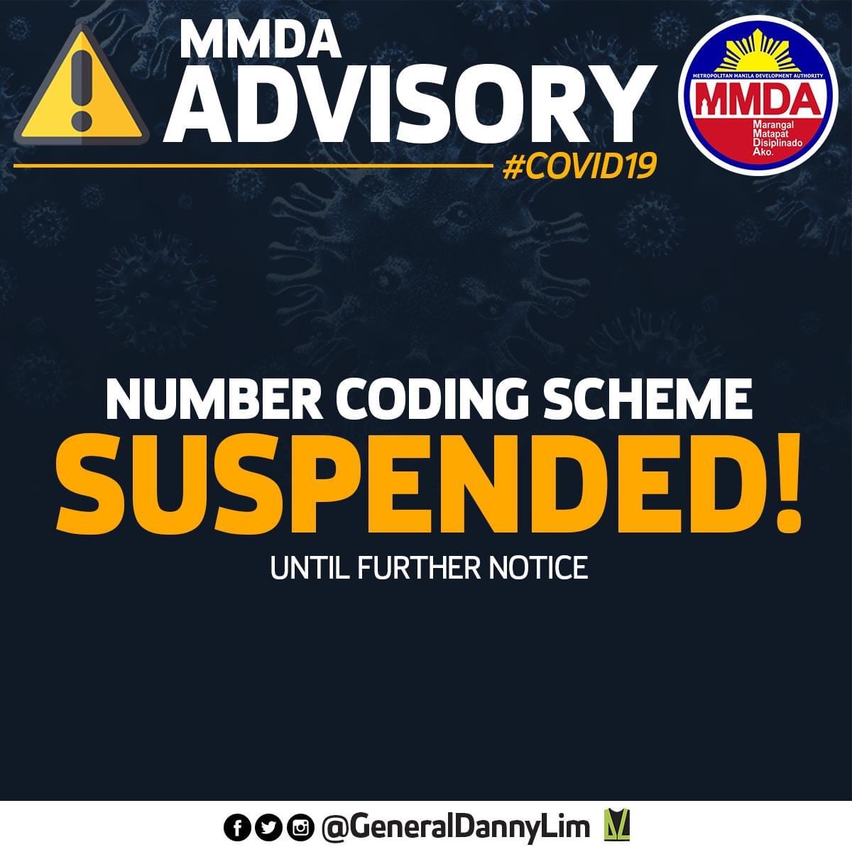 MMDA Advisory re Number Coding Scheme Suspended in Metro Manila