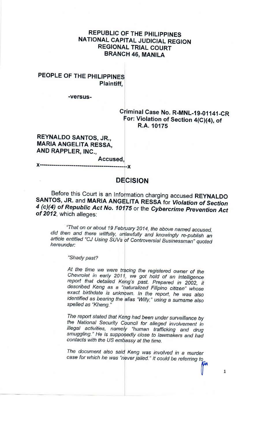 People vs Reynaldo Santos Jr Maria Ressa Decision Rappler p1