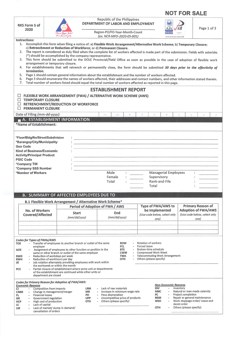 Establishment Report Form (RKS Form 5) page 1