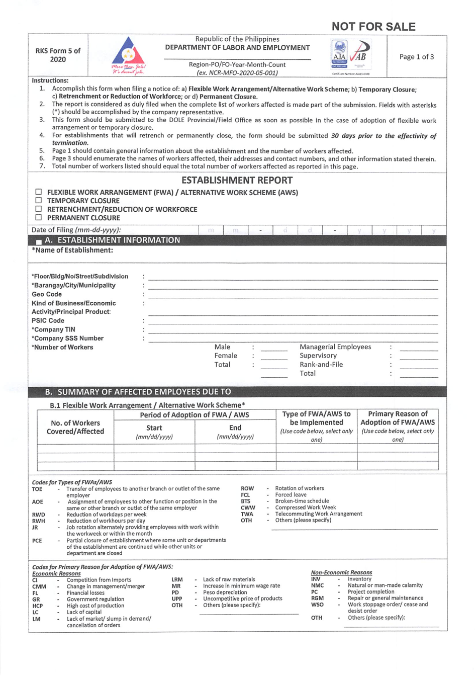 Establishment Report Form (Labor Advisory No. 17A) » Philippine e