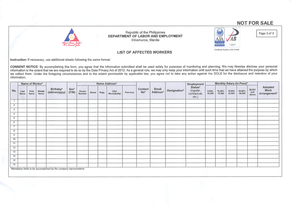 Establishment Report Form (RKS Form 5) page 3 (List of Affected Employees)
