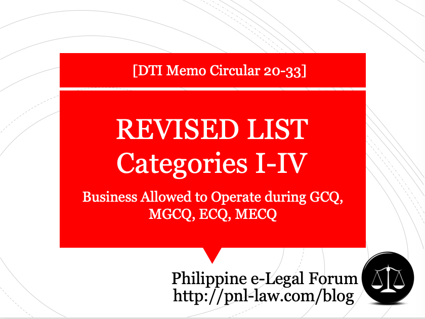 Revised List Categories I-IV Business Allowed to Operate during GCQ, MGCQ, ECQ, MECQ